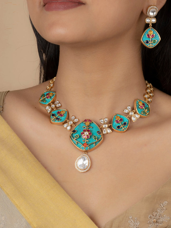 MO-S48MGR - Multicolor Gold Plated Jadau Kundan Medium Necklace Set