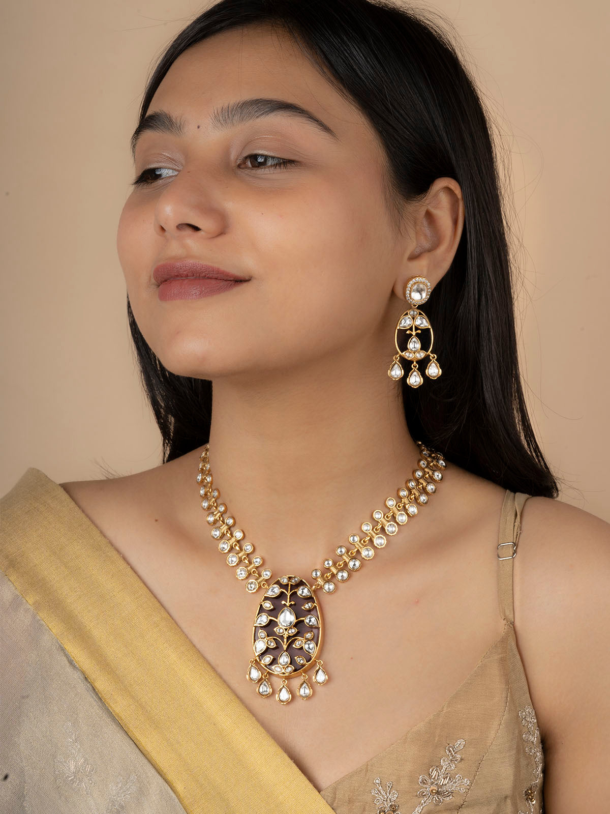 MO-S52B- Brown Color Gold Plated Jadau Kundan Medium Necklace Set