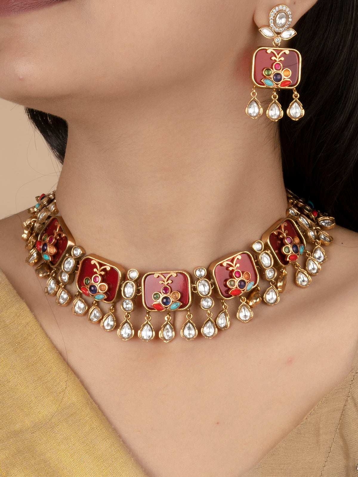 MO-S55M - Multicolor Gold Plated Jadau Kundan Short Necklace Set