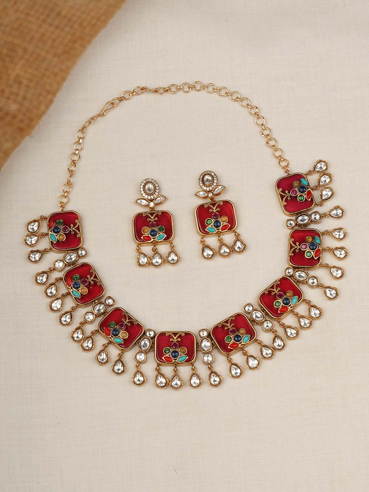 MO-S55M - Multicolor Gold Plated Jadau Kundan Short Necklace Set