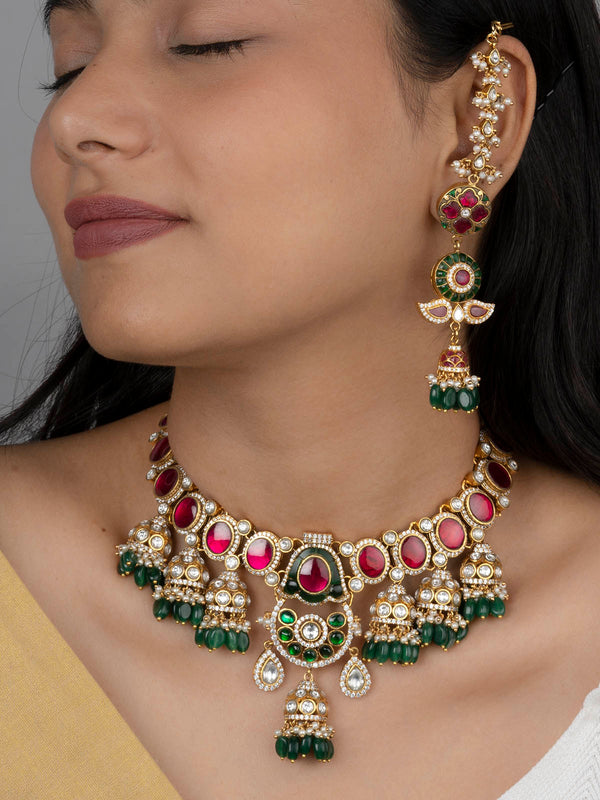 MO-S56M - Multicolor Gold Plated Bridal Jadau Kundan Medium Necklace Set