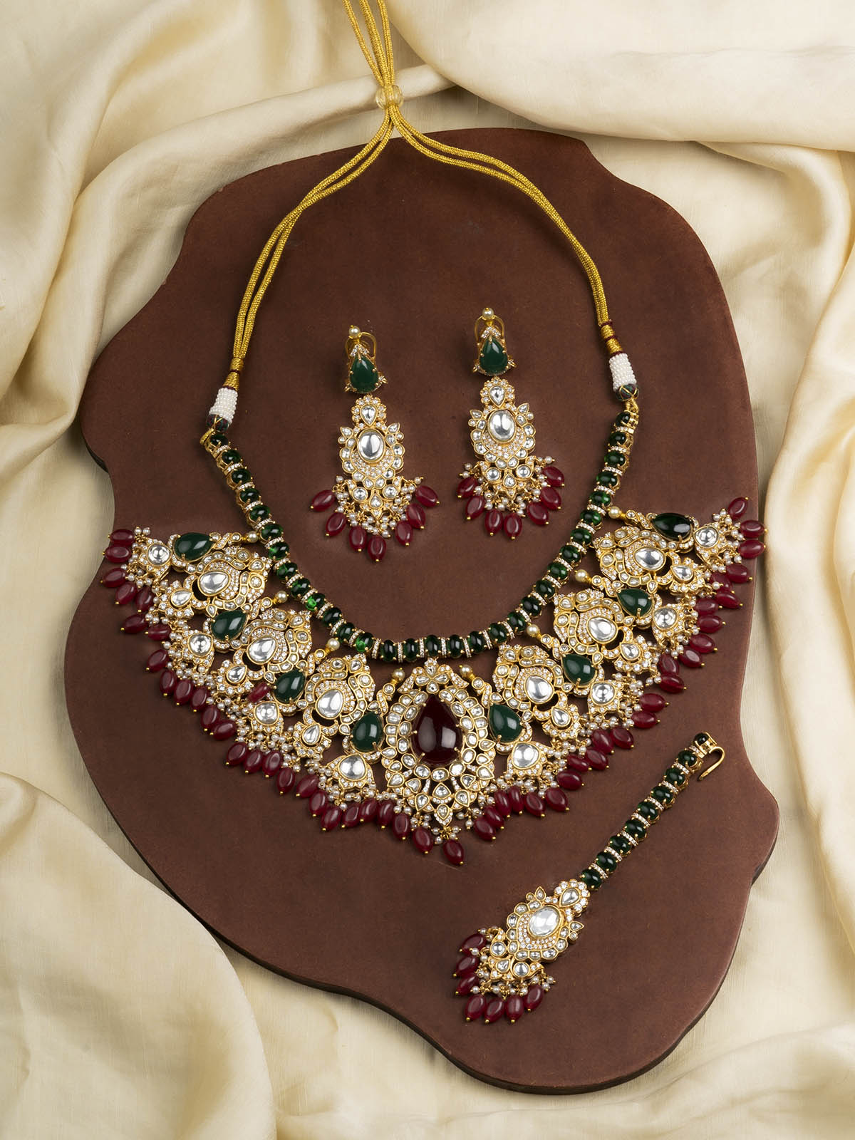 MO-S58M - Multicolor Gold Plated Bridal Jadau Kundan Necklace Set
