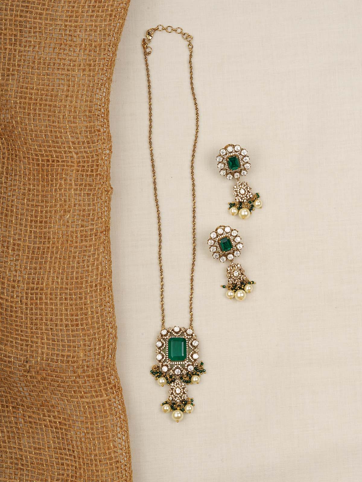 MO-S61GR - Green Color Jadau Kundan Long Necklace Set