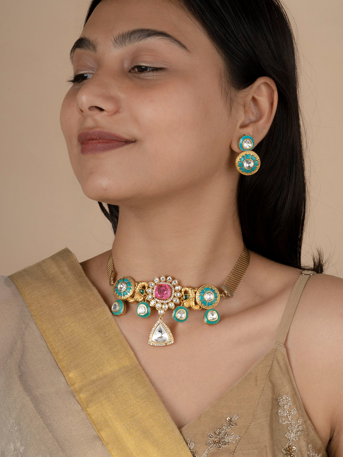 MO-S62FP - Multicolor Jadau Kundan Choker Necklace Set