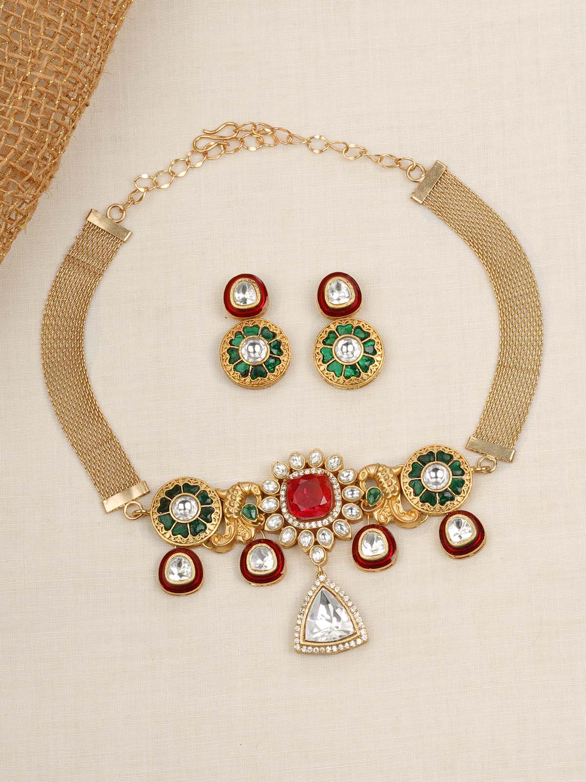 MO-S63M - Multicolor Jadau Kundan Choker Necklace Set