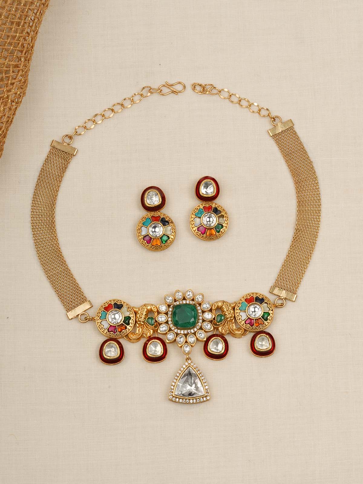 MO-S63N - Multicolor Jadau Kundan Choker Necklace Set