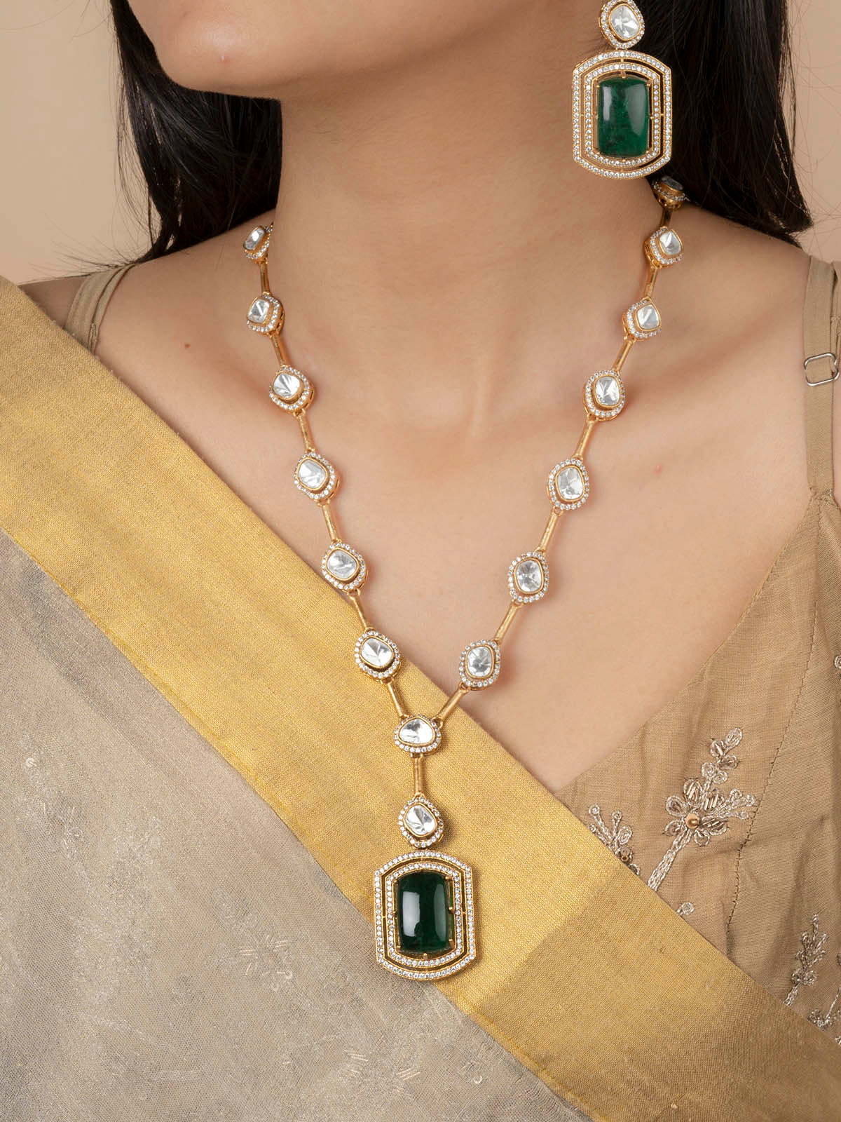 MO-S65GR - Green Color Gold Plated Jadau Kundan Long Necklace Set