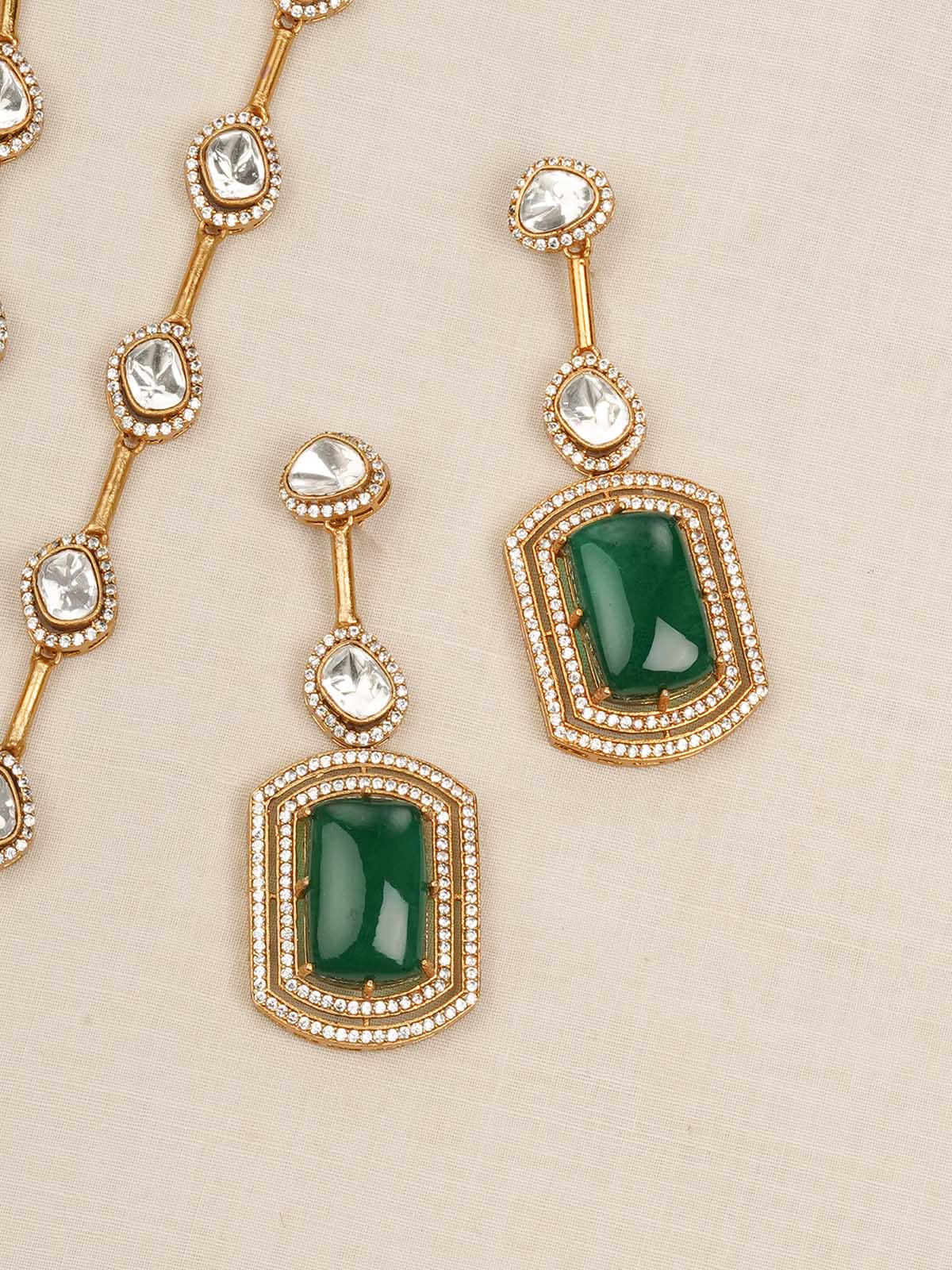 MO-S65GR - Green Color Gold Plated Jadau Kundan Long Necklace Set
