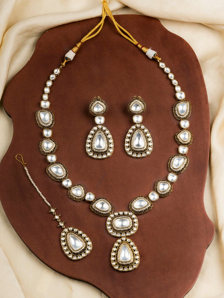 MO-S67 - White Color Bridal Faux Polki Long Necklace Set