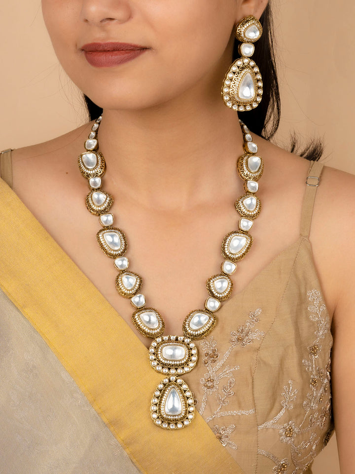 MO-S67 - White Color Bridal Faux Polki Long Necklace Set