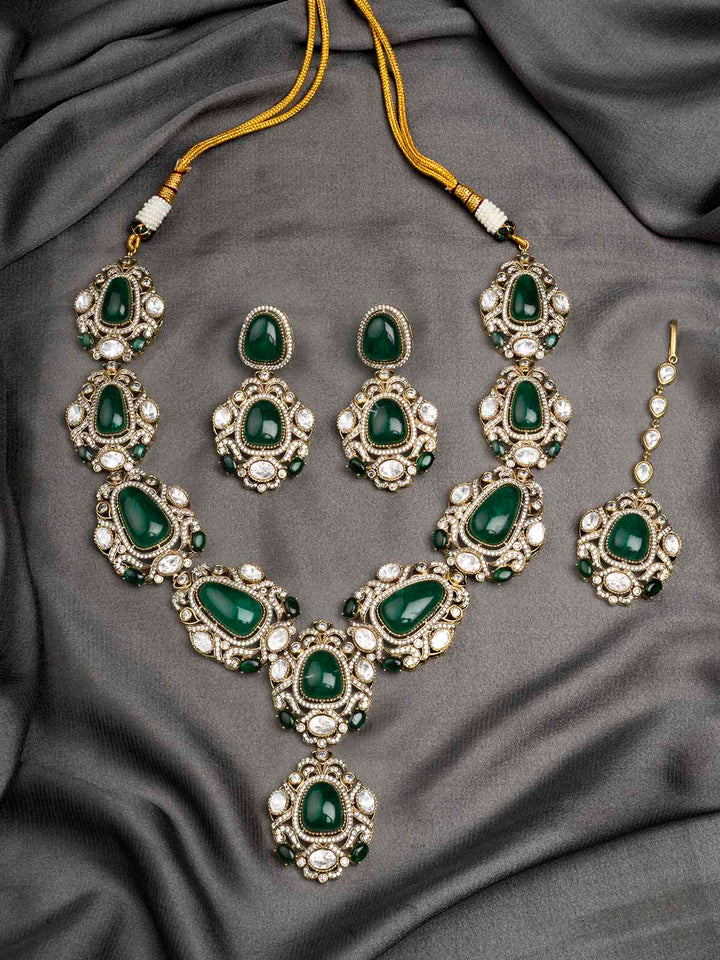 MO-S70GR - Green Color Faux Polki Necklace Set