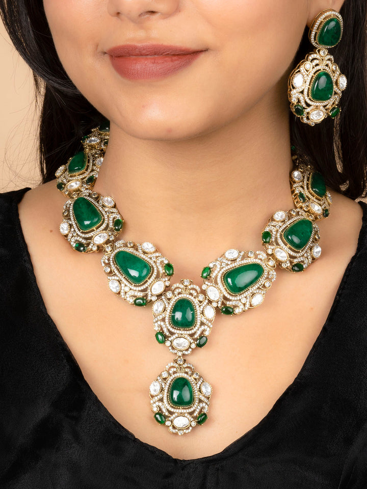 MO-S70GR - Green Color Faux Polki Necklace Set