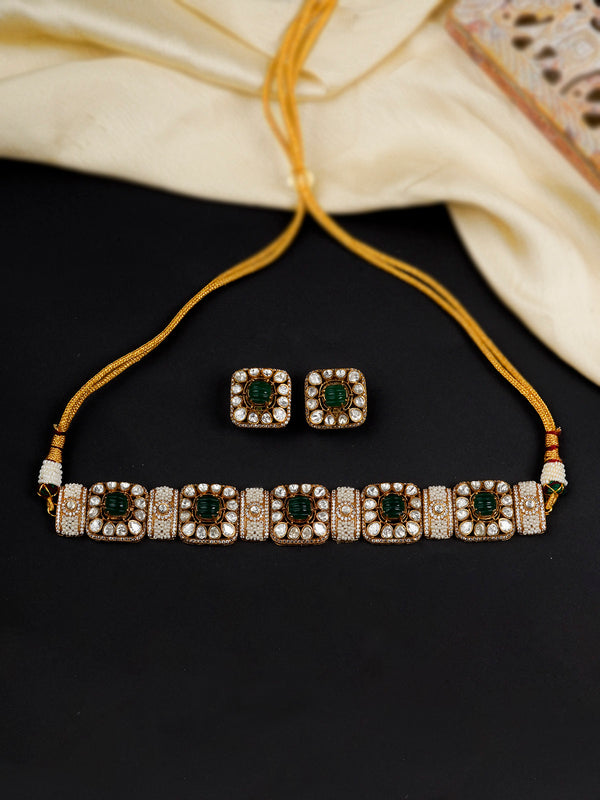 MO-S78GR - Green Color Gold Plated Moissanite Necklace Set