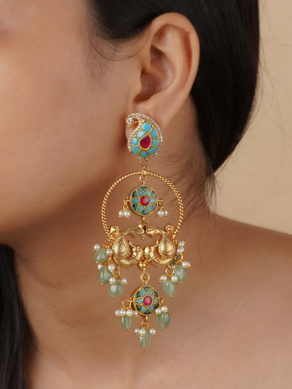 MR-E141 - Firoza Color Gold Plated Mishr Earrings