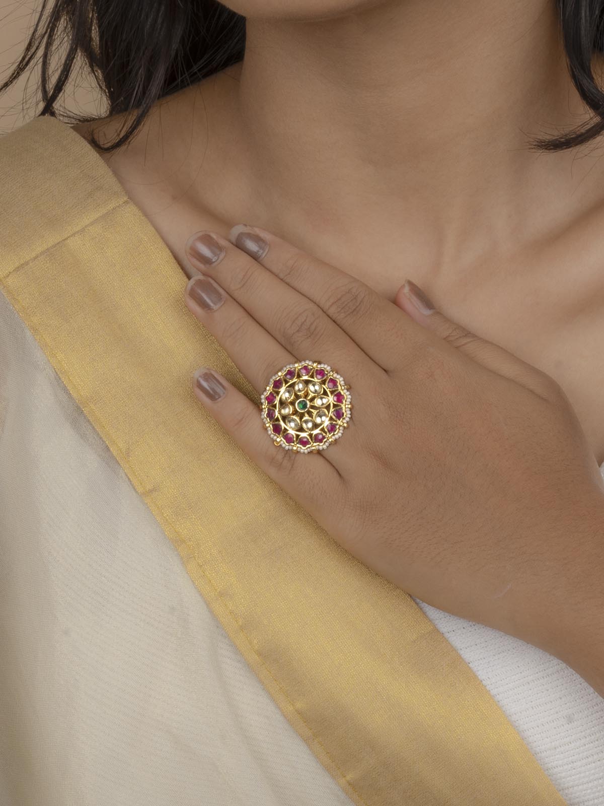 MRNG69Y - White Color Gold Plated Jadau Kundan Ring – Mortantra