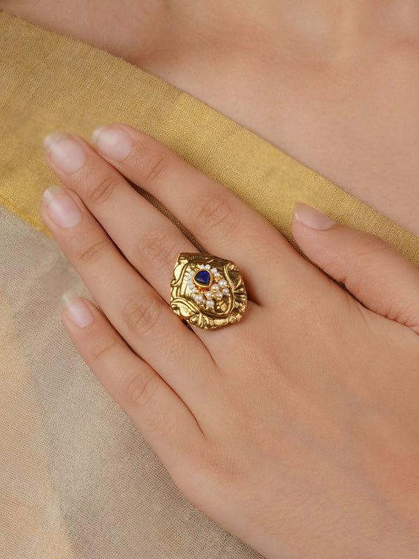 MR-RNG60 - Blue Color Gold Plated Mishr Ring