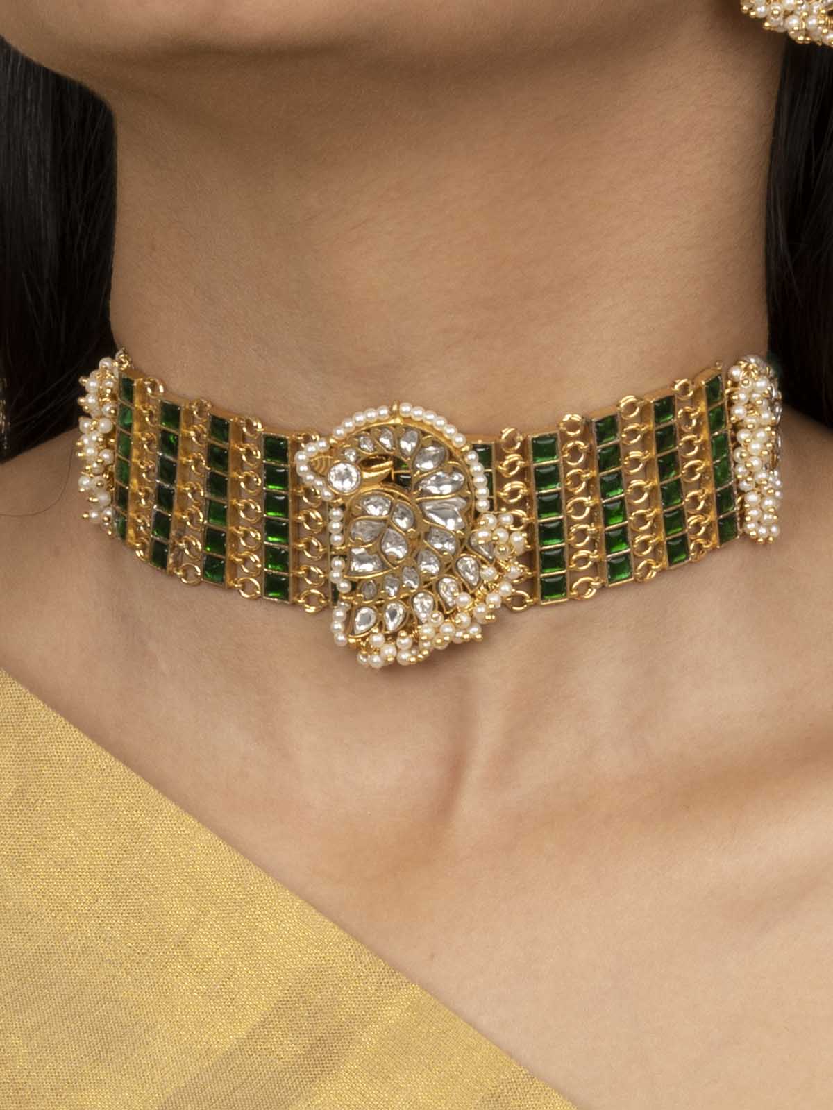 MR-S540WGR - Green Color Gold Plated Mishr Choker Necklace Set