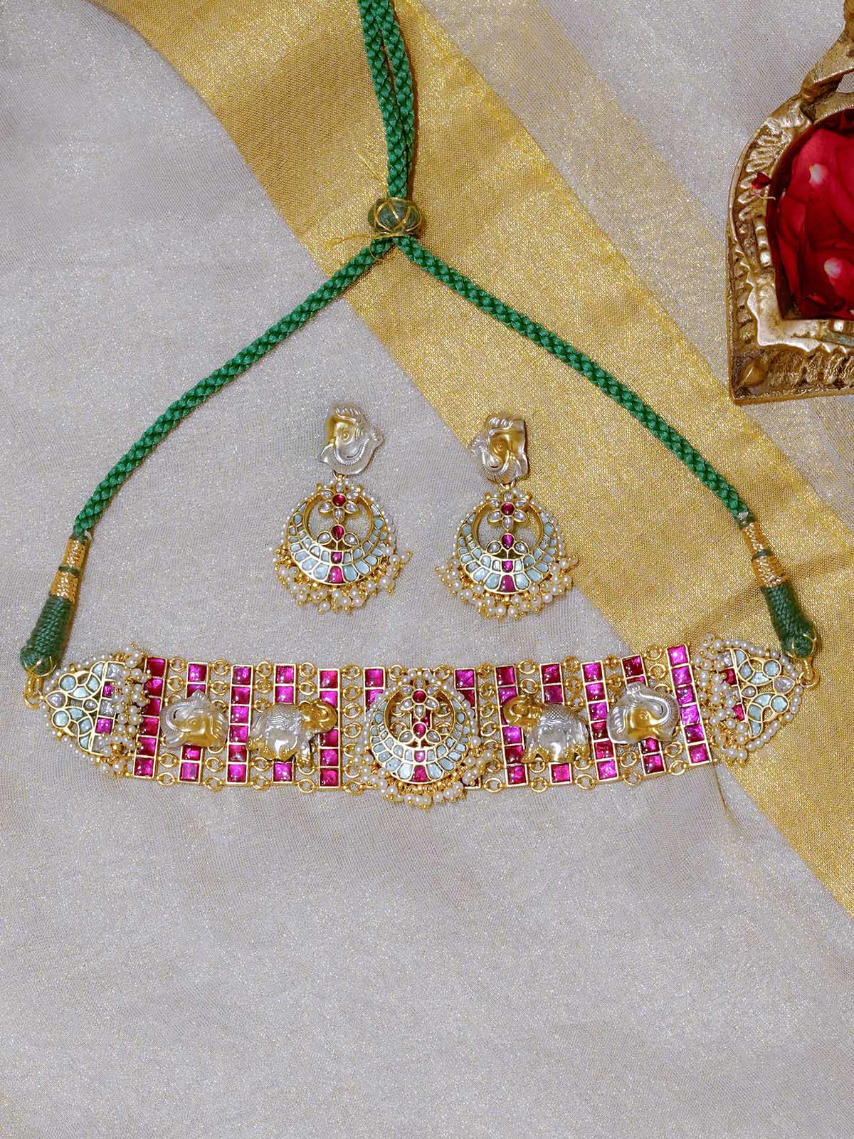 MR-S547M - Pink Color Gold Plated Mishr Necklace Set
