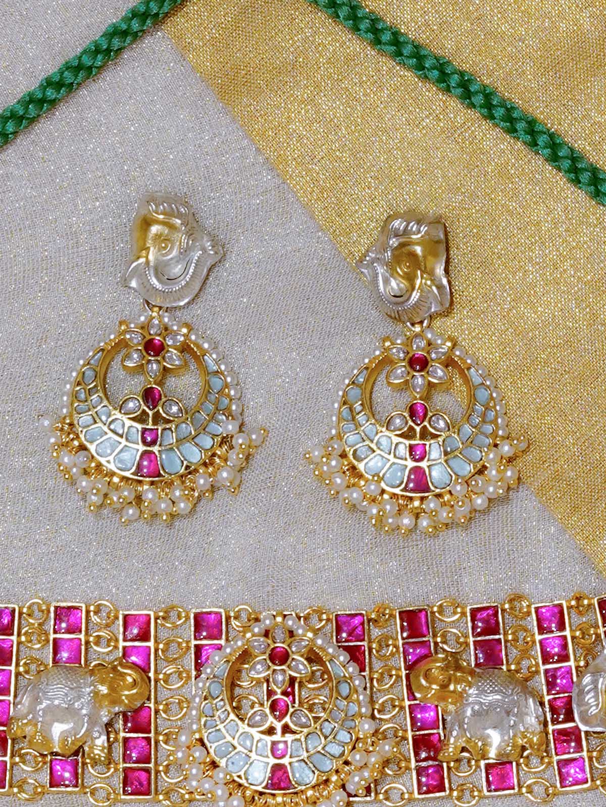 MR-S547M - Pink Color Gold Plated Mishr Necklace Set
