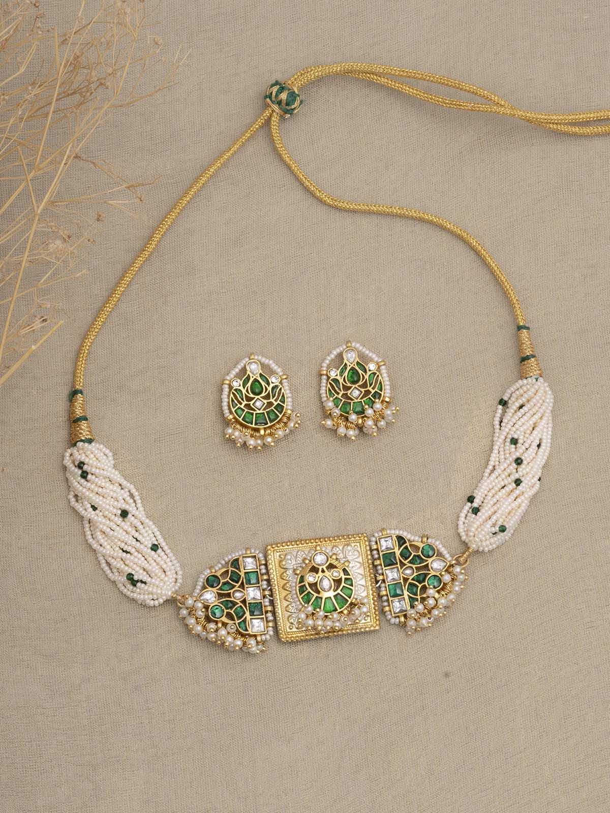 MR-S562A - Green Color Jadau Mishr Short Necklace Set