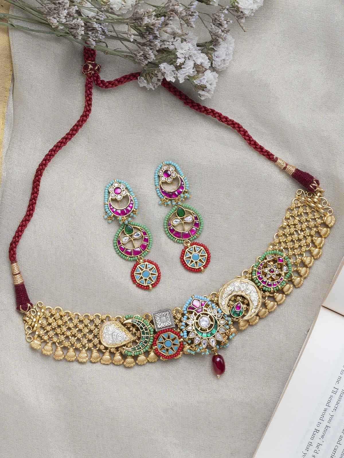 MR-S564MA - Multicolor Gold Plated Jadau Mishr Short Necklace Set