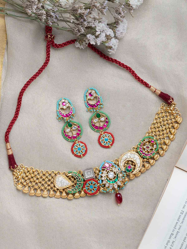 MR-S564MA - Multicolor Gold Plated Jadau Mishr Short Necklace Set