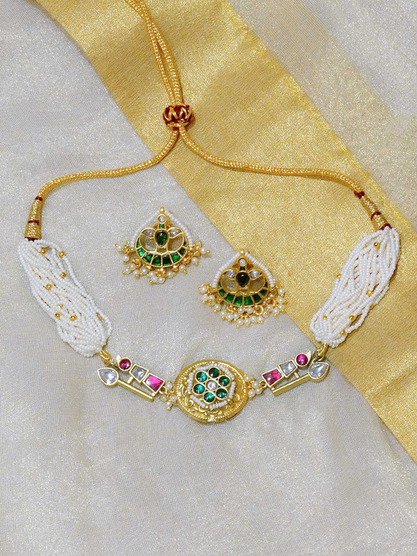 MR-S566GR - Green Color Gold Plated Mishr Necklace Set