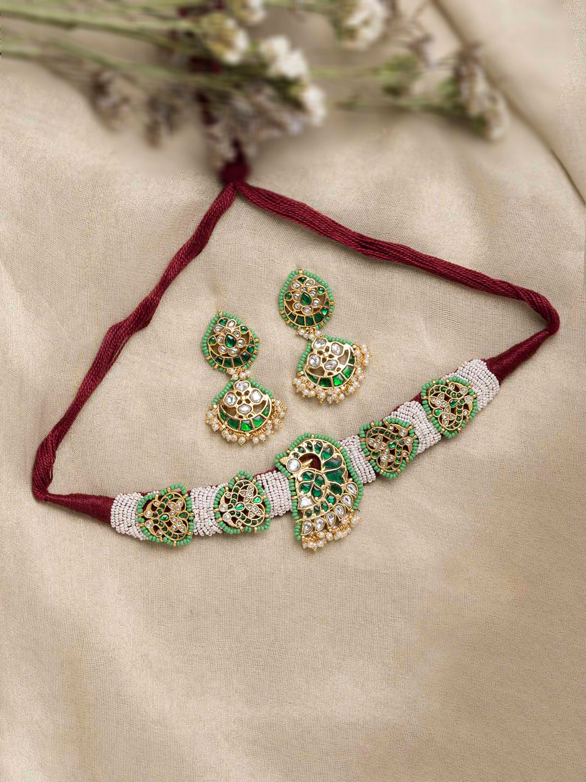 MR-S569WGR - Green Color Jadau Mishr Choker Necklace Set