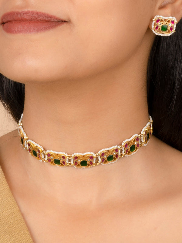 MR-S622M - Multicolor Gold Plated Mishr Choker Necklace Set