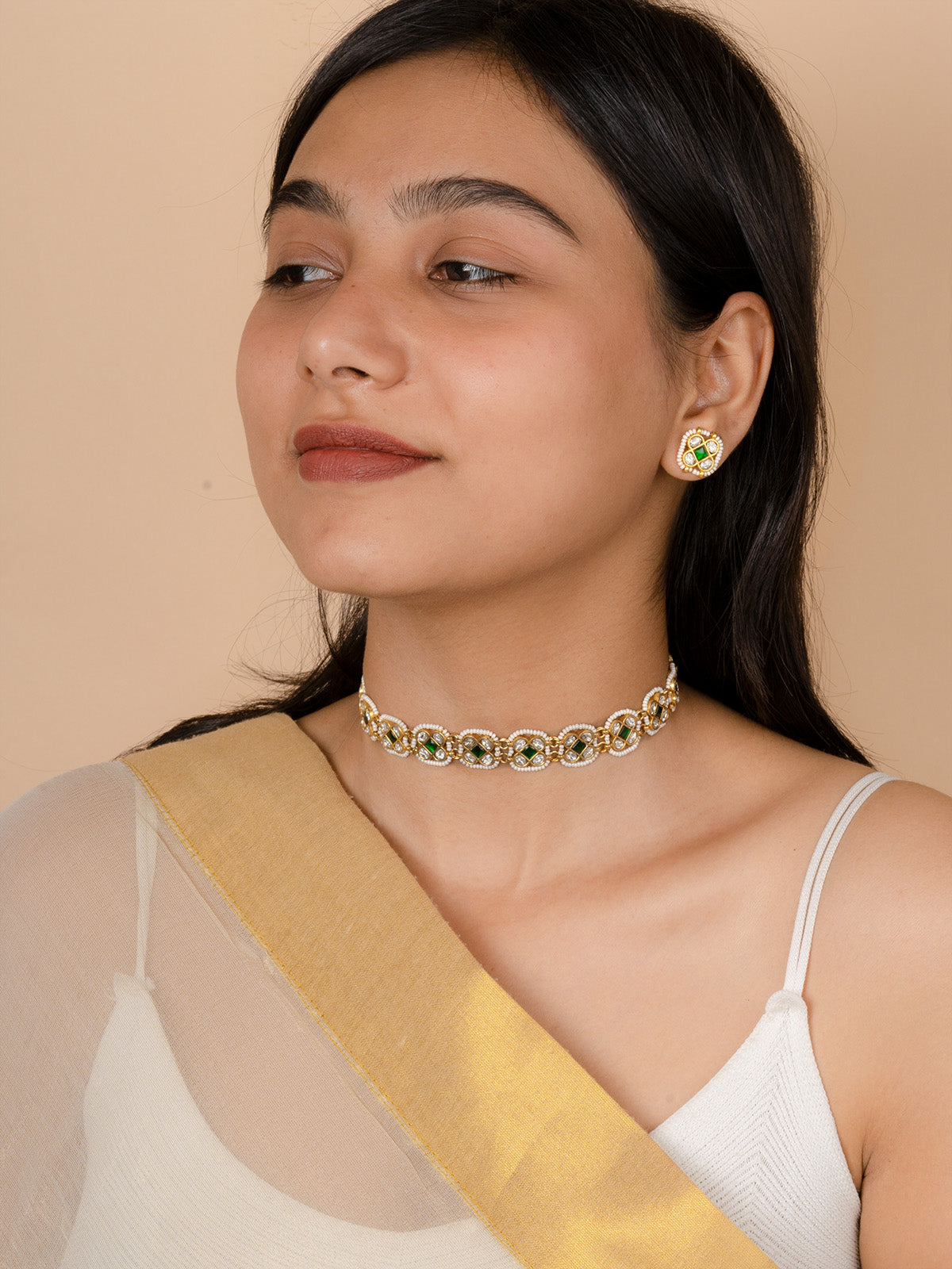 MR-S623WGR - Green Color Gold Plated Mishr Choker Necklace Set