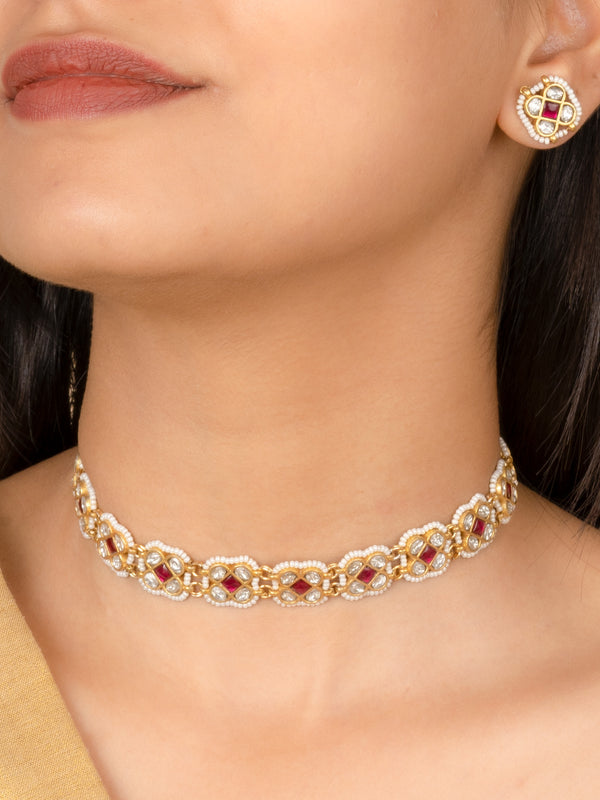 MR-S623WP - Dark Pink Color Gold Plated Mishr Choker Necklace Set