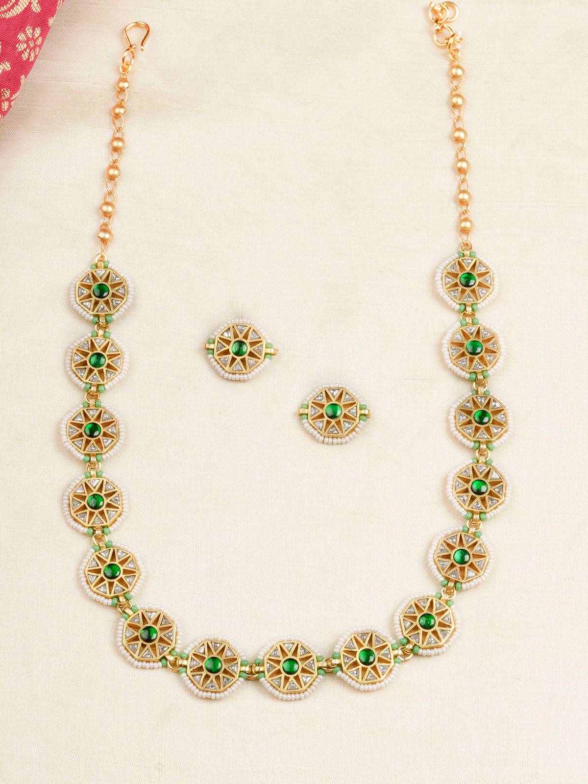MR-S629W - Green Color Gold Plated Mishr Necklace Set