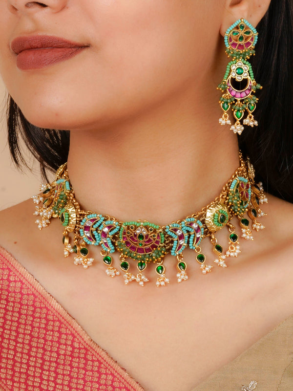 MR-S653MA - Multicolor Gold Plated Mishr Necklace Set