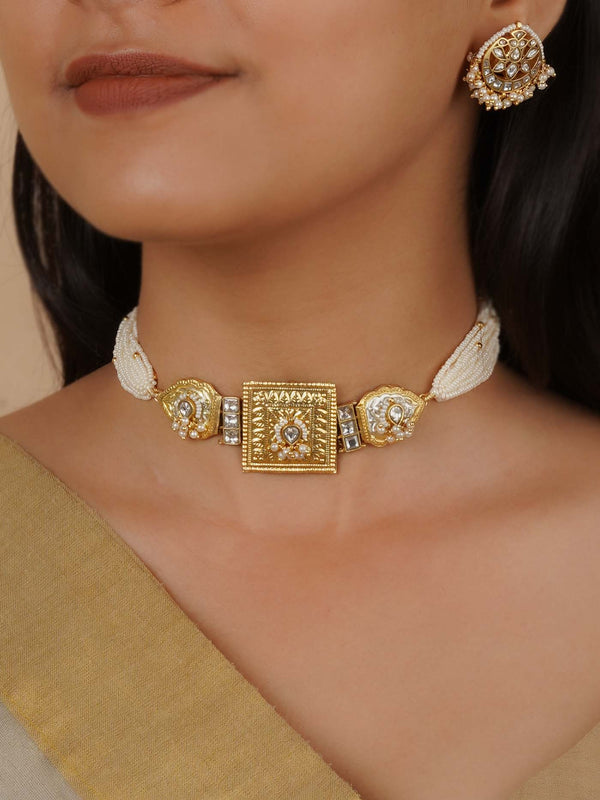 MR-S670 - White Color Gold Plated Mishr Necklace Set