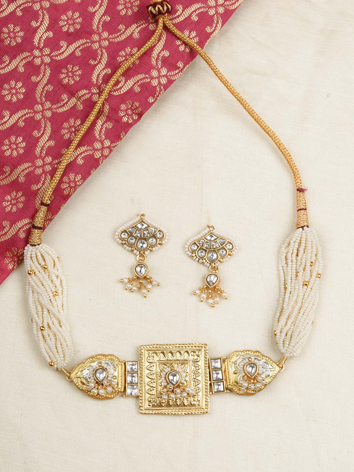 MR-S670 - White Color Gold Plated Mishr Necklace Set