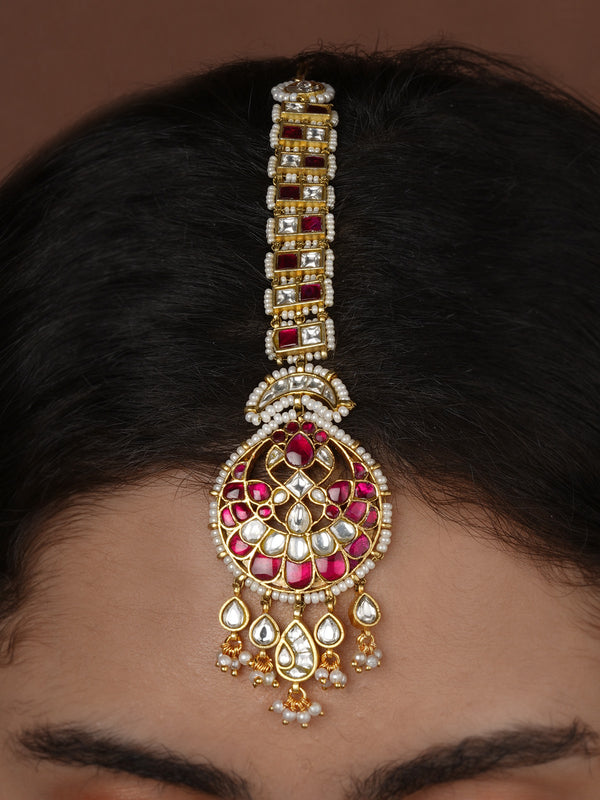 Pink Color Gold Plated Mishr Maangteeka - MR-T110WP