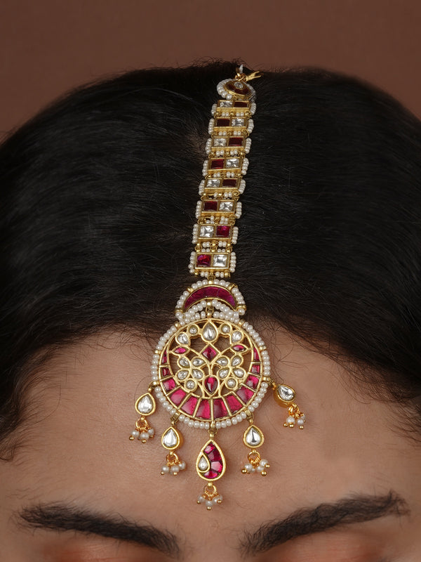 Pink Color Gold Plated Mishr Maangteeka - MR-T111WP