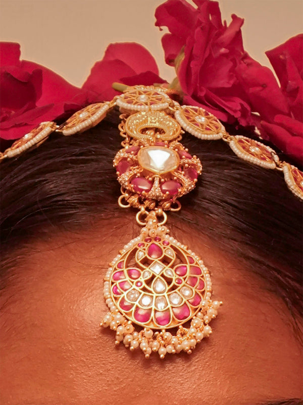 Pink Color Gold Plated Mishr Maangteeka - MR-T13WP