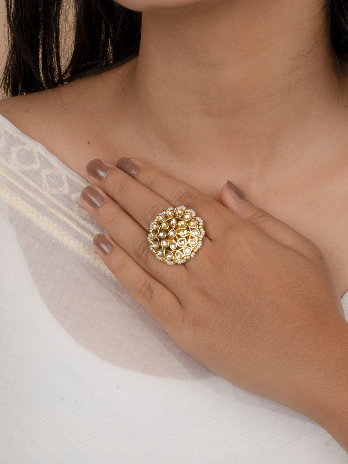 MRNG118Y - White Color Gold Plated Jadau Kundan Ring