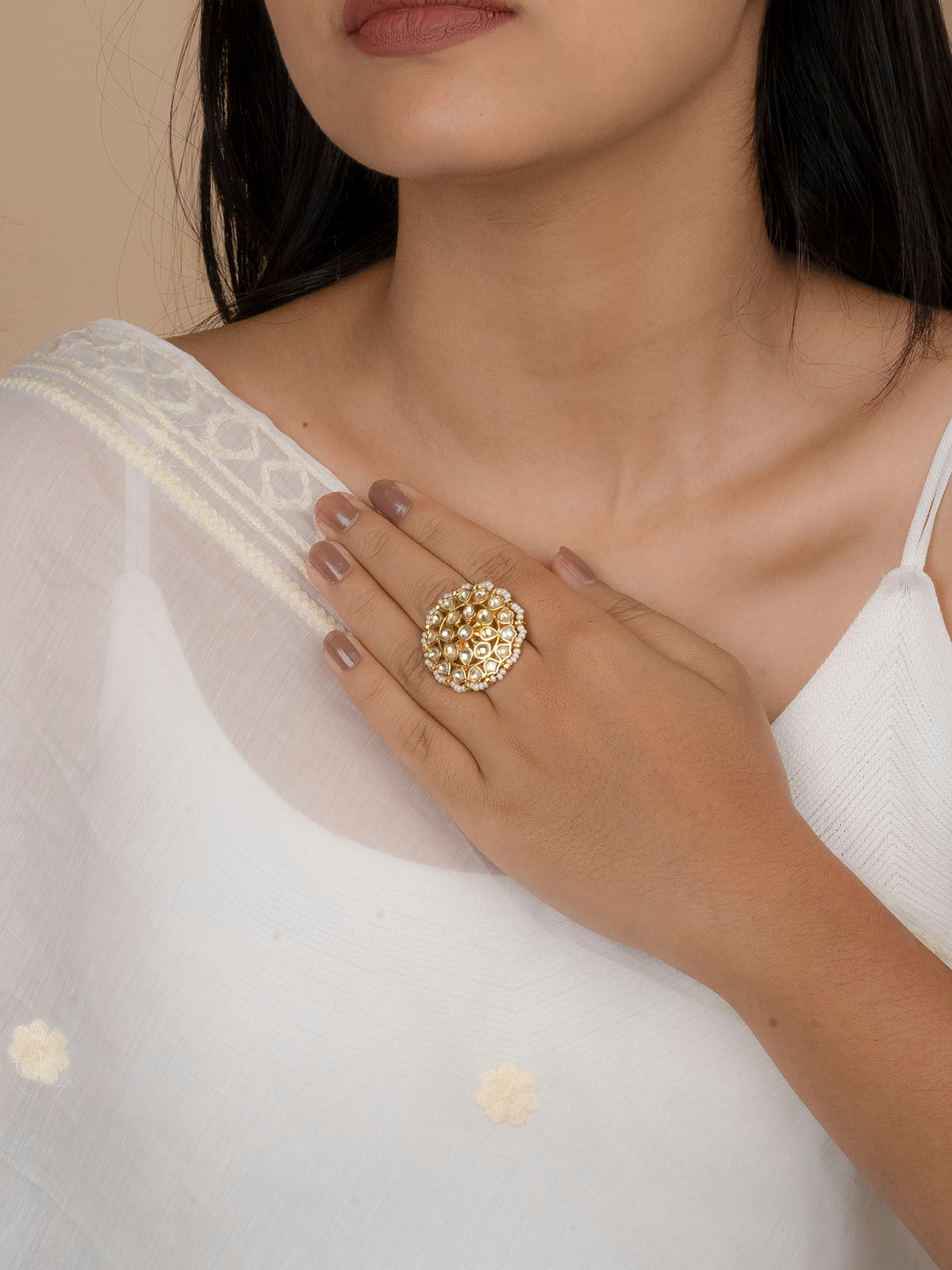 MRNG118Y - White Color Gold Plated Jadau Kundan Ring