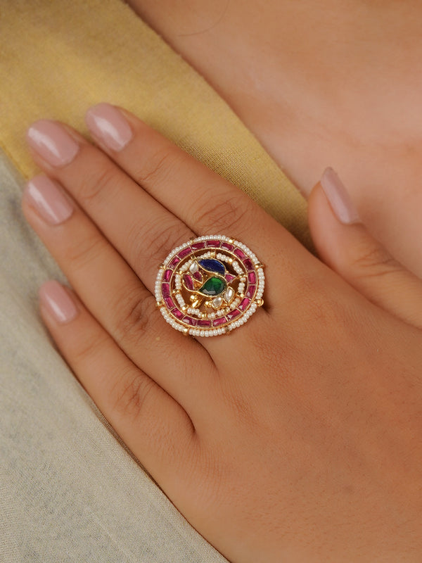 MRNG145M - Multicolor Gold Plated Jadau Kundan Ring