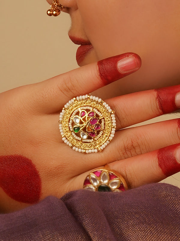 Multicolor Gold Plated Jadau Kundan Ring - MRNG156M