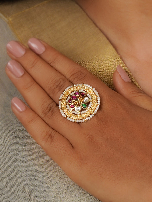 MRNG156M - Multicolor Gold Plated Jadau Kundan Ring