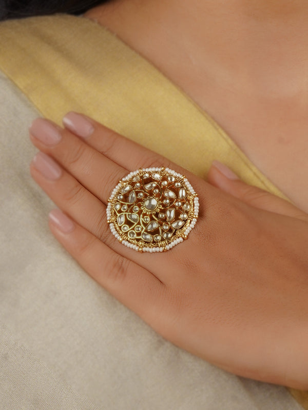 MRNG159YA - White Color Gold Plated Jadau Kundan Ring