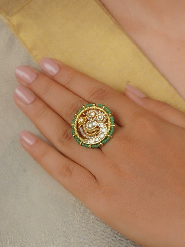 MRNG168Y - Green Color Gold Plated Jadau Kundan Ring