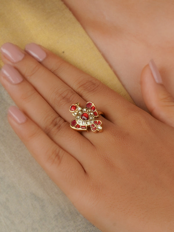 MRNG169YP - Pink Color Gold Plated Jadau Kundan Ring