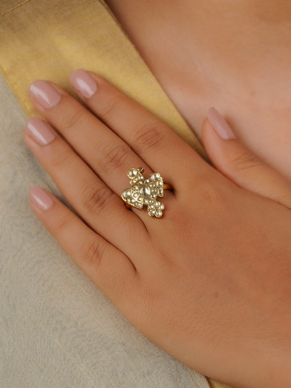 MRNG169Y - White Color Gold Plated Jadau Kundan Ring
