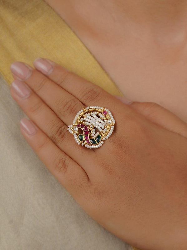 MRNG170M - Multicolor Gold Plated Jadau Kundan Ring