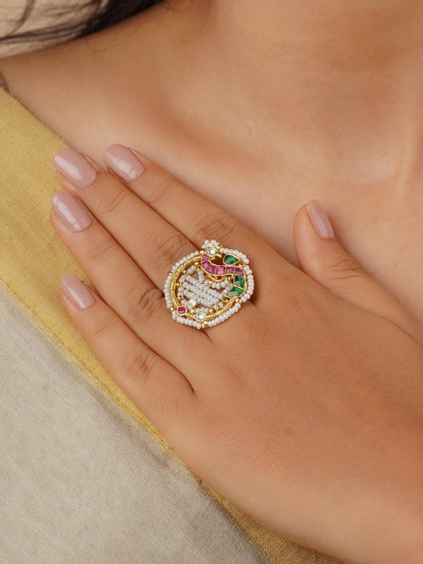 MRNG170MA - Multicolor Gold Plated Jadau Kundan Ring