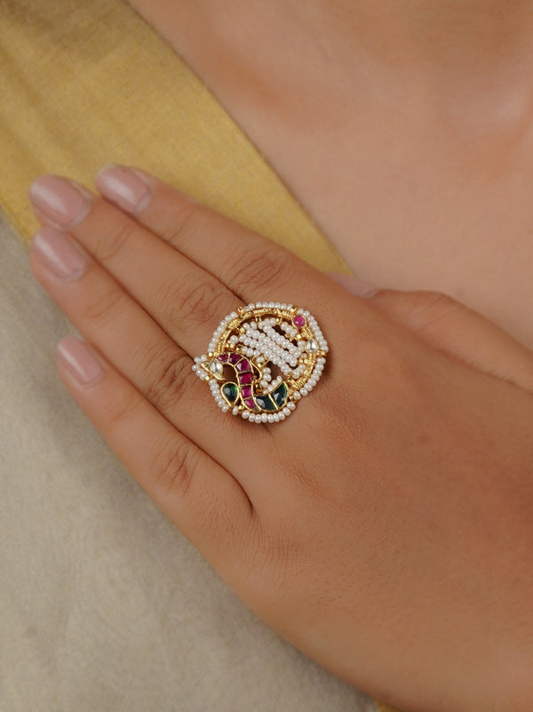 Gold Plated Jadau Kundan Ring - MRNG261